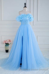 Light Blue Flowers Off-Shoulder A-line Long Semi Formal Prom Dress with Slit